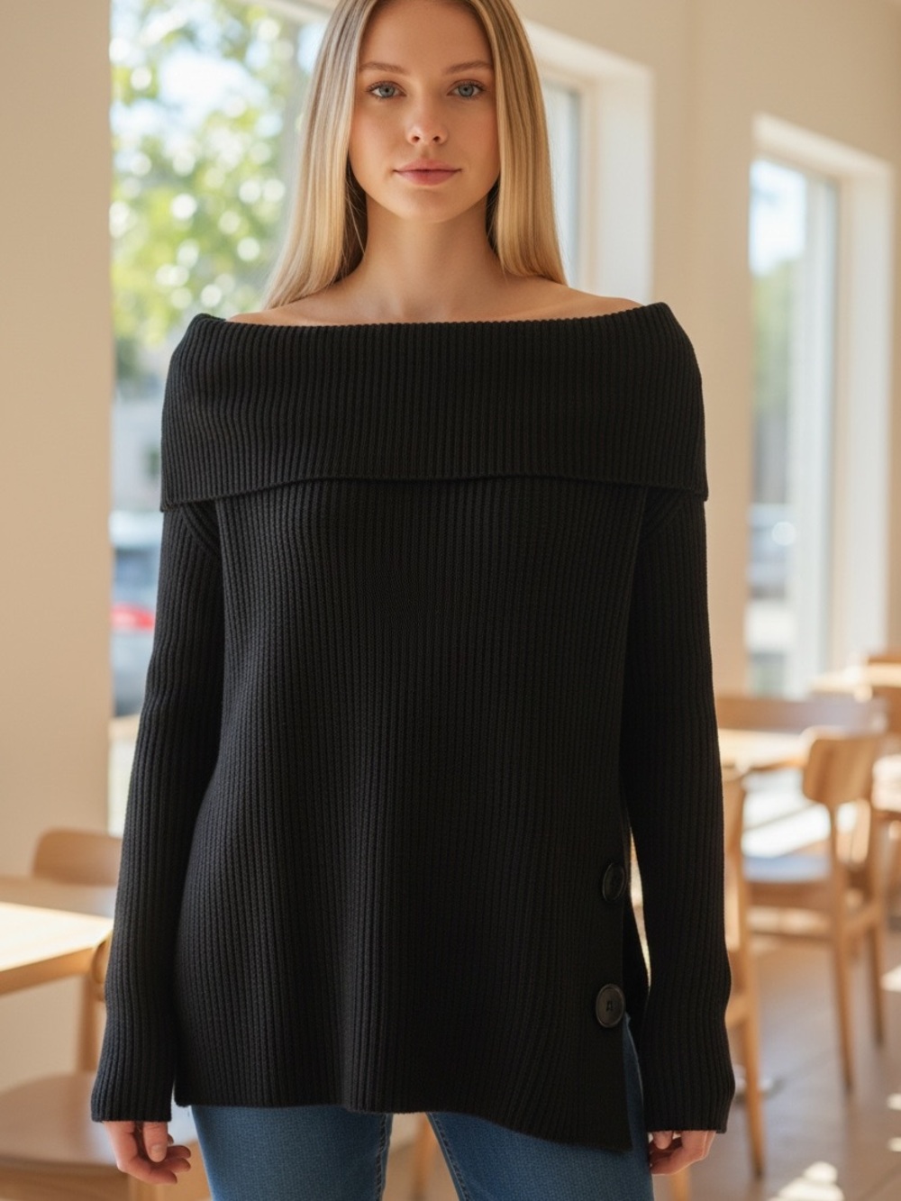 Topshop Black Off-the-Shoulder Ribbed Sweater